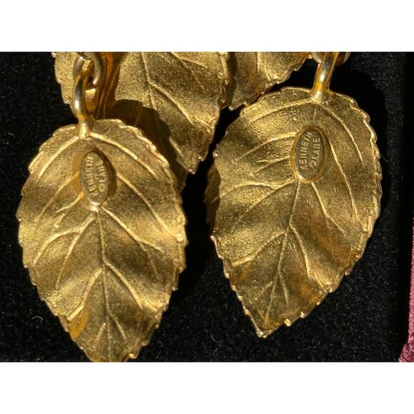 Kenneth Jay Lane Gold Leaf Earrings 3” EUC Perfect Saks Pierced Whimsical Witch - Picture 7 of 12